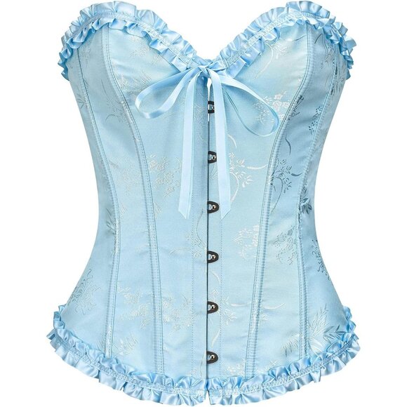 Women's Crystal Blue Corset Tops Bustier Lingerie Lace Waist Push Up Bodysuit - Picture 1 of 8